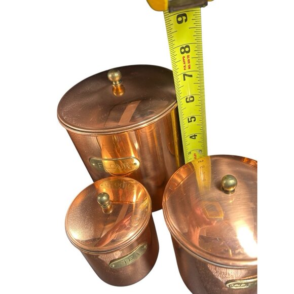 Vintage MCM Copper Brass Canister Set w Matching Salt & Pepper Korea 1970s - Picture 14 of 16